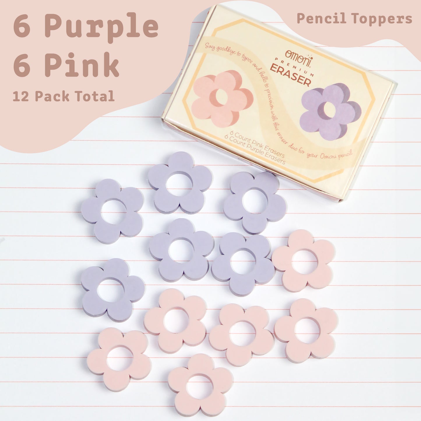 Daisy Pencil Top Pink & Purple Eraser 12 Pack