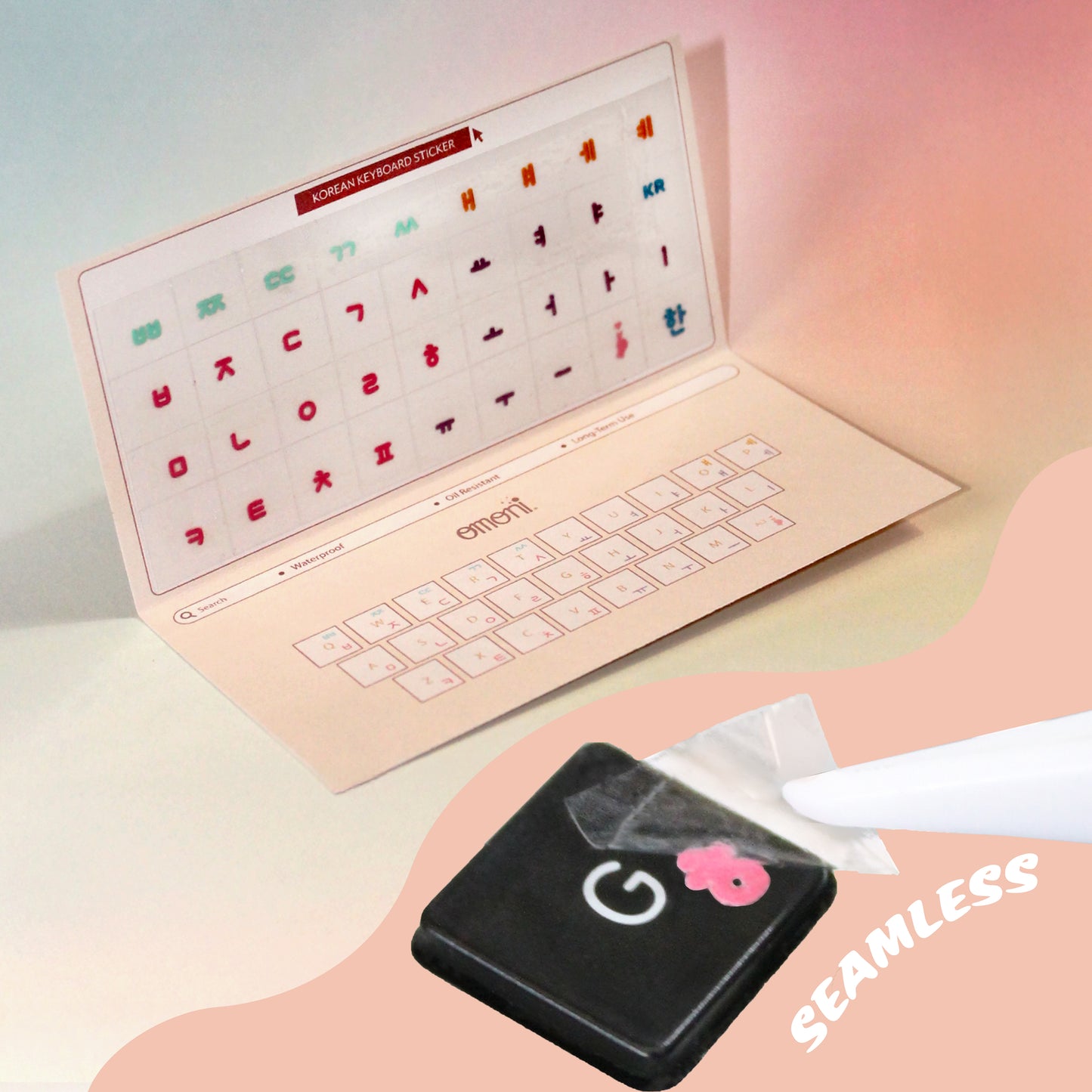 An image showing a laptop keyboard with Korean stickers applied to it, alongside a package with a sticker design visible through the seal. Product is a Korean seamless keyboard sticker die-cut without covering the full key surface.