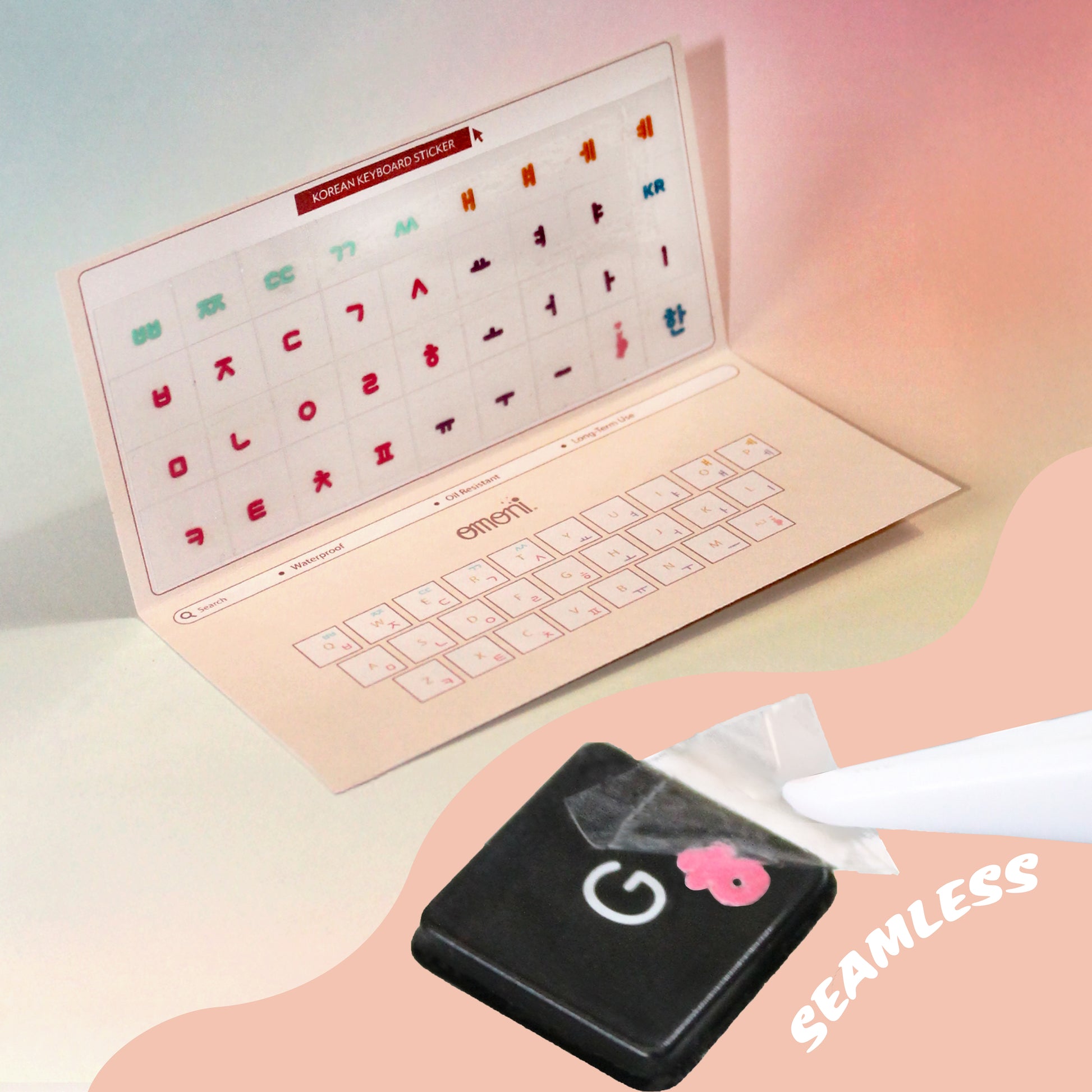An image showing a laptop keyboard with Korean stickers applied to it, alongside a package with a sticker design visible through the seal. Product is a Korean seamless keyboard sticker die-cut without covering the full key surface.