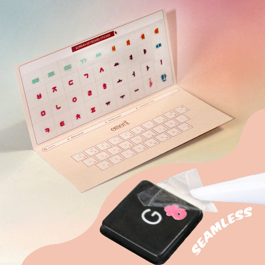 An image showing a laptop keyboard with Korean stickers applied to it, alongside a package with a sticker design visible through the seal. Product is a Korean seamless keyboard sticker die-cut without covering the full key surface.