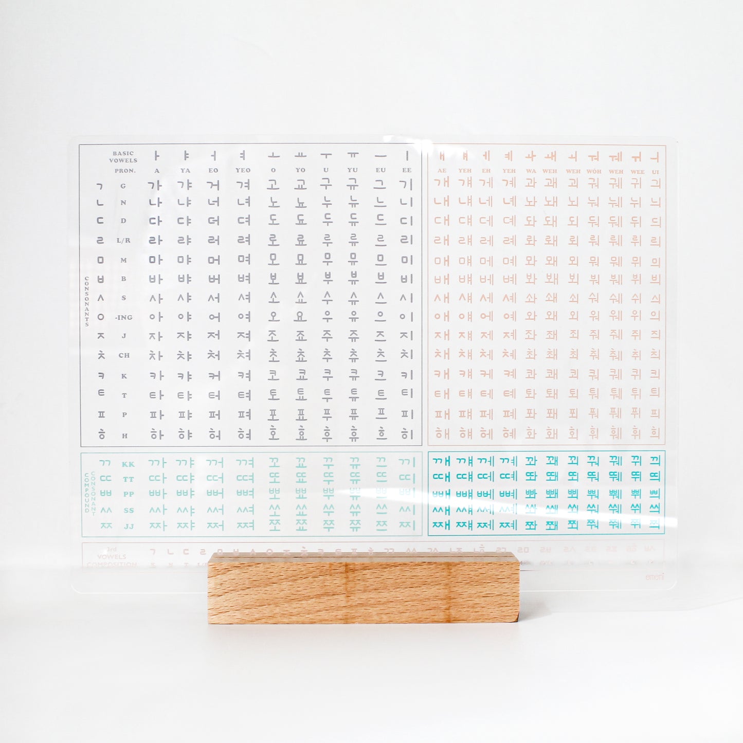 Learn Korean  with a clear reusable board with Korean alphabet letters organized in rows, displayed on a wooden stand.
