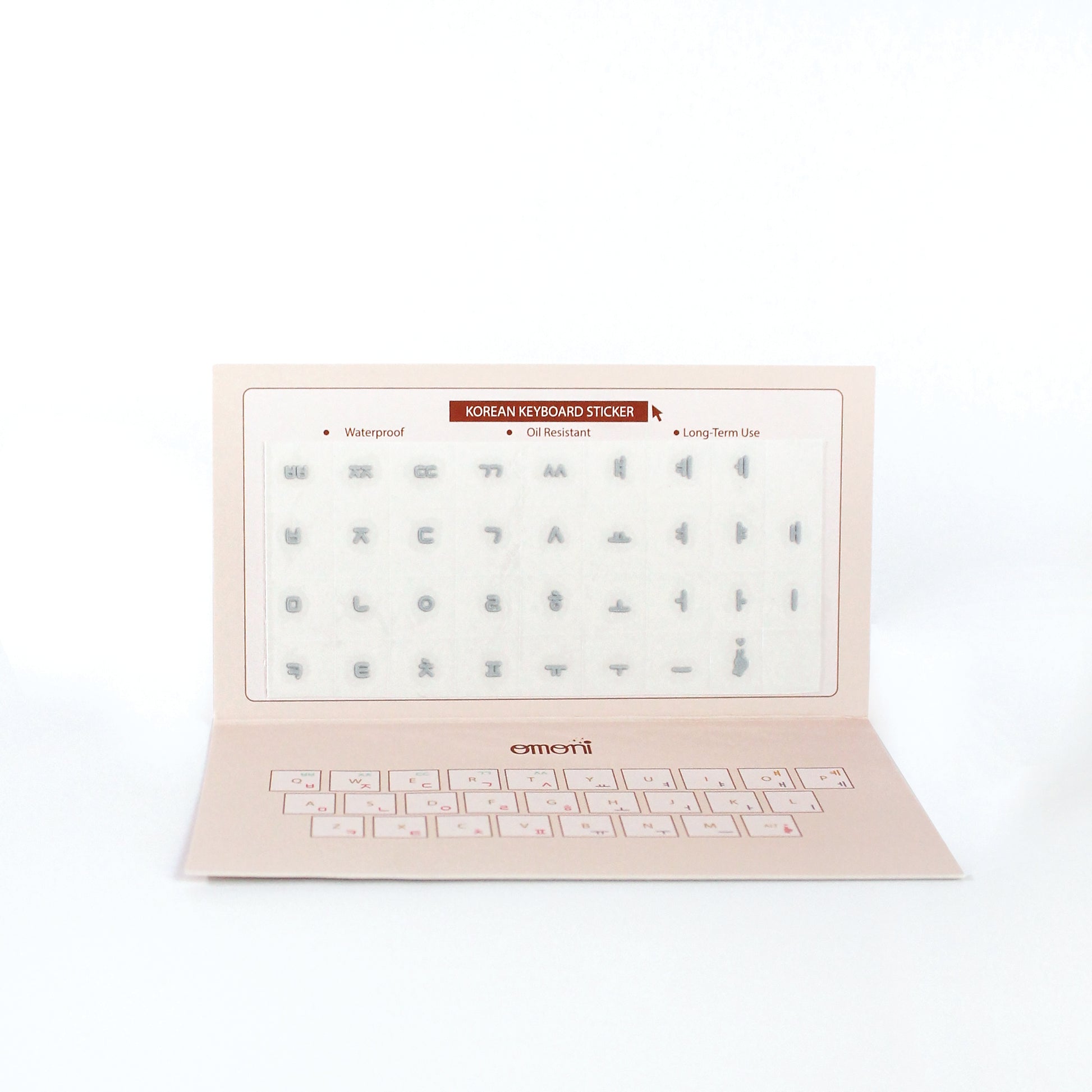 An image showing a laptop keyboard packaging showcasing the Korean seamless die-cut sticker set. Seamless die-cut Korean Hangul keyboard sticker with Korean alphabet letters for learning Korean, typing practice, vocabulary building and beginner Korean language lessons. Keyboard Sticker Metallic White Color.